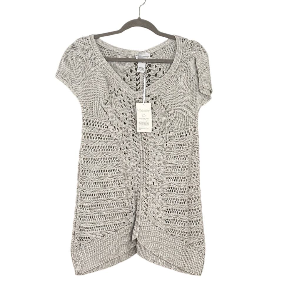 Soft Surroundings Womans Sweater Open Knit Grey SZ PM Cotton Boho Long Line NEW